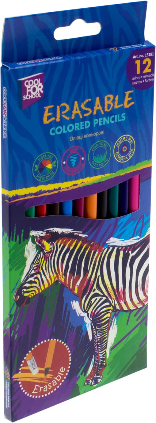 Олівці кольорові 12 кольорів Cool For School Erasable пластикові, трикутні, з гумкою CF15181