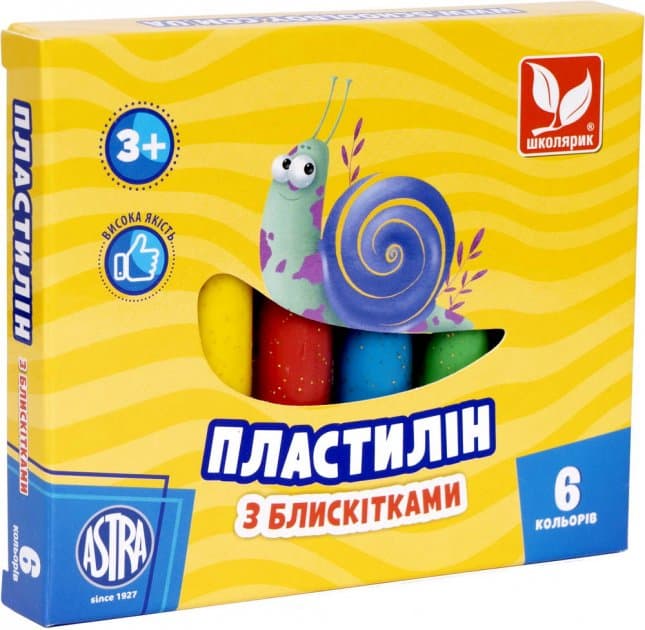 Пластилін восковий 6 кольорів 78 гр Школярик з блискітками (26) №303109001