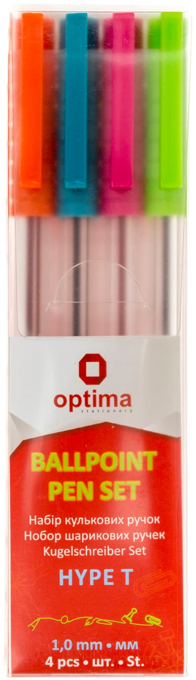 Набір ручок кулькових Optima Hype T 1 мм 4 шт помаранчева, бірюзова, рожева, салалатова (1) (144) O15736