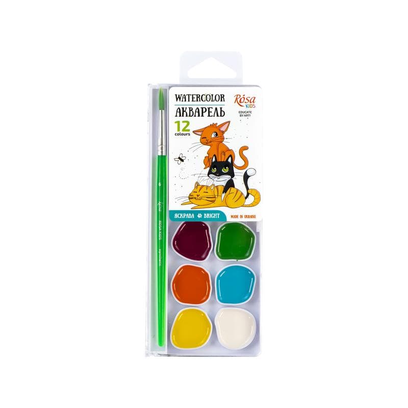 Акварель 12 цветн. "ROSA Kids" Cats №301201 с кисточкой(12)
