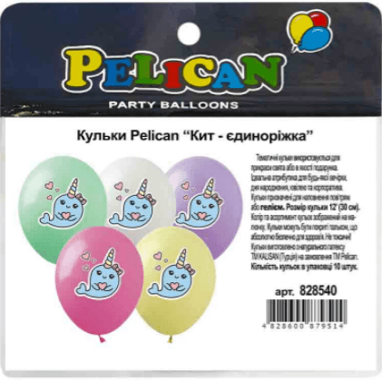 Набор шариков воздуш. "Кит- единорожка" 12"/30см 10шт №828540/Pelican/(1)(10)