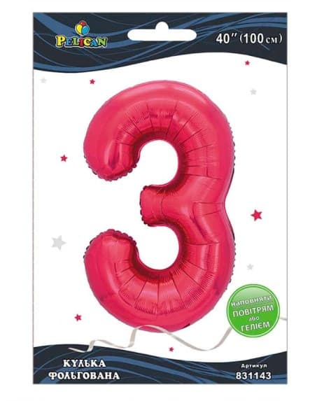 Кулька повітр. фольгована "Цифра 3" 100см фуксія №831143/Pelican/(1)(5)(20)(500)