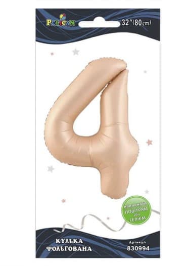 Кулька повітр. фольгована "Цифра 4" 80см рожева Blush №830994/Pelican/(1)(10)(5)(1000)