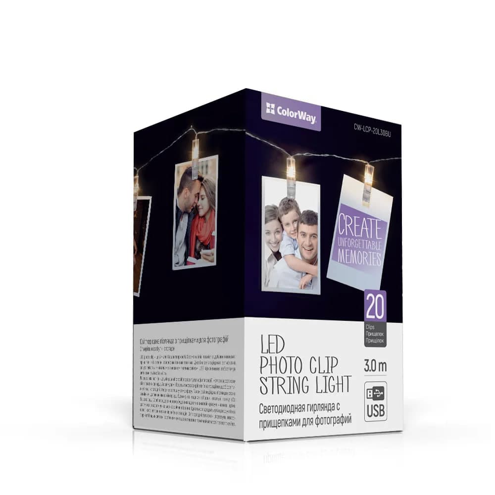 Гірлянда електрич. ColorWay 20LED L-3м з прищіпками для фото,USB №CW-LCP-20L30BU