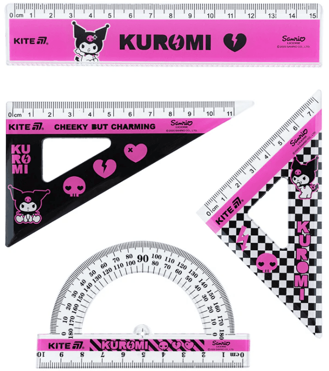 Набір геометричний "Kite" №HK25-282 Kuromi (лінійка 15см,2 косинця,транспортир)(24)(288)