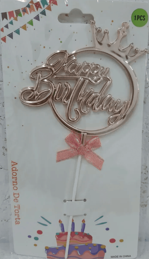 Топер для торта "Happy Birthday в колі з корона" рожеве золото №15105(12)