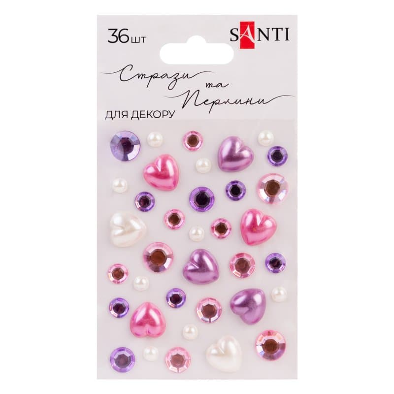 Стрази та перлини самокл. "Santi" "Heart mix" рожеві,бузкові, 36шт №743000(12)