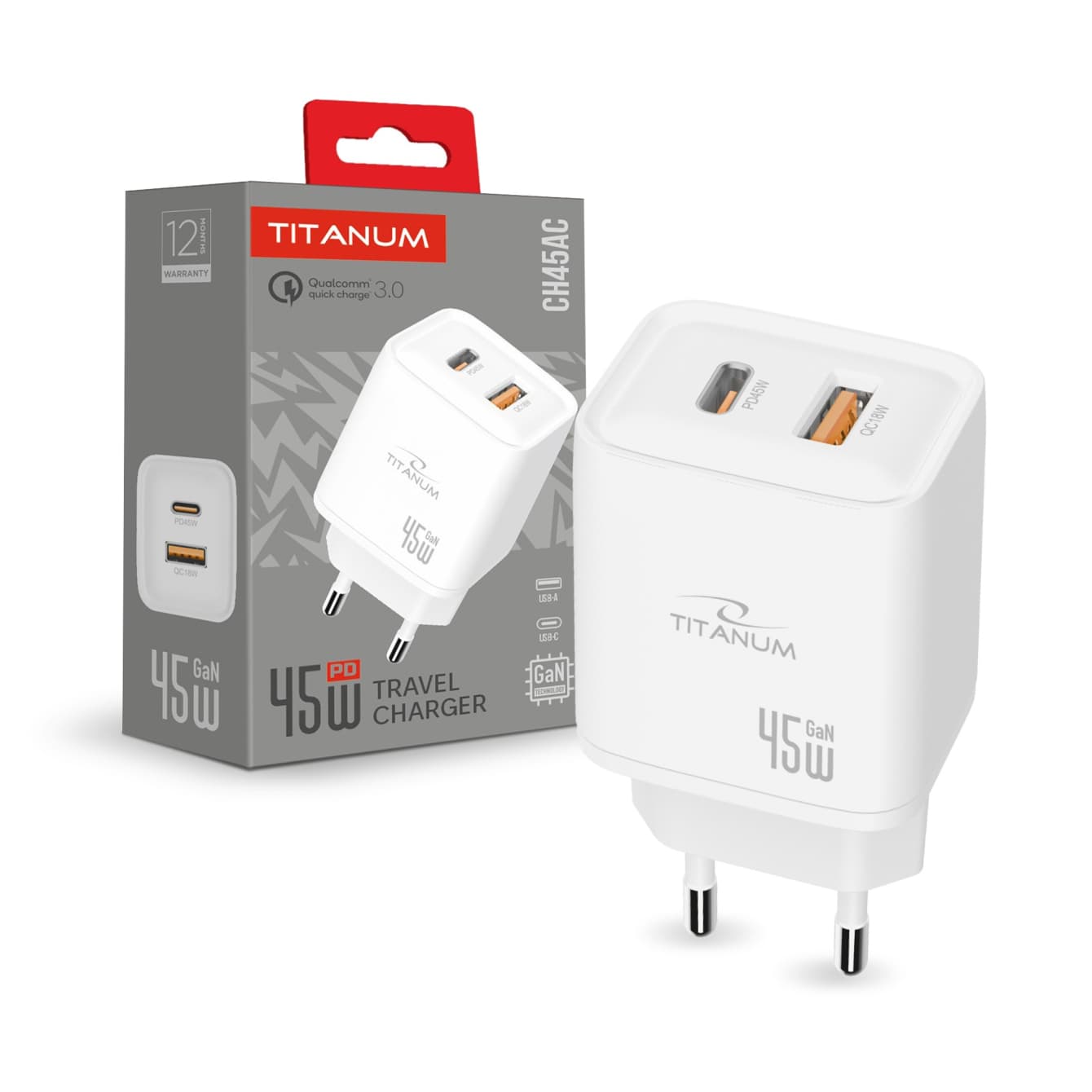 Зарядное устройство Titanium №CH45AC GaN 45W USB-A+USB-C white