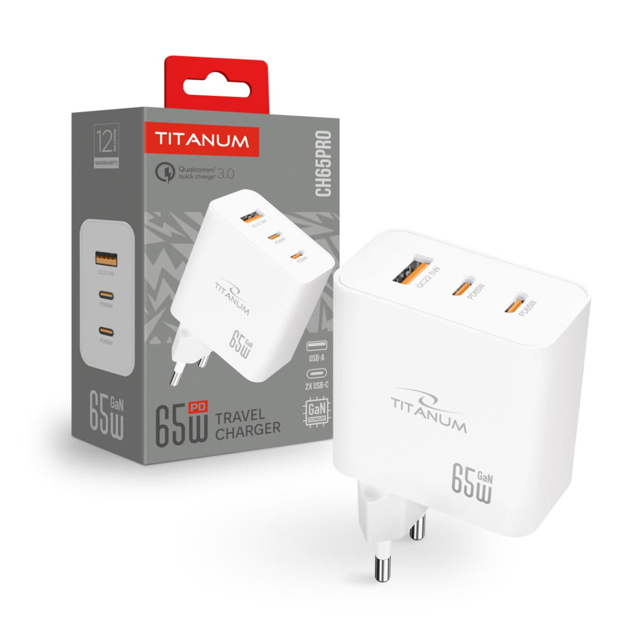 Зарядний пристрій Titanum CH65PRO GaN 65W 2USB-C+USB-A white