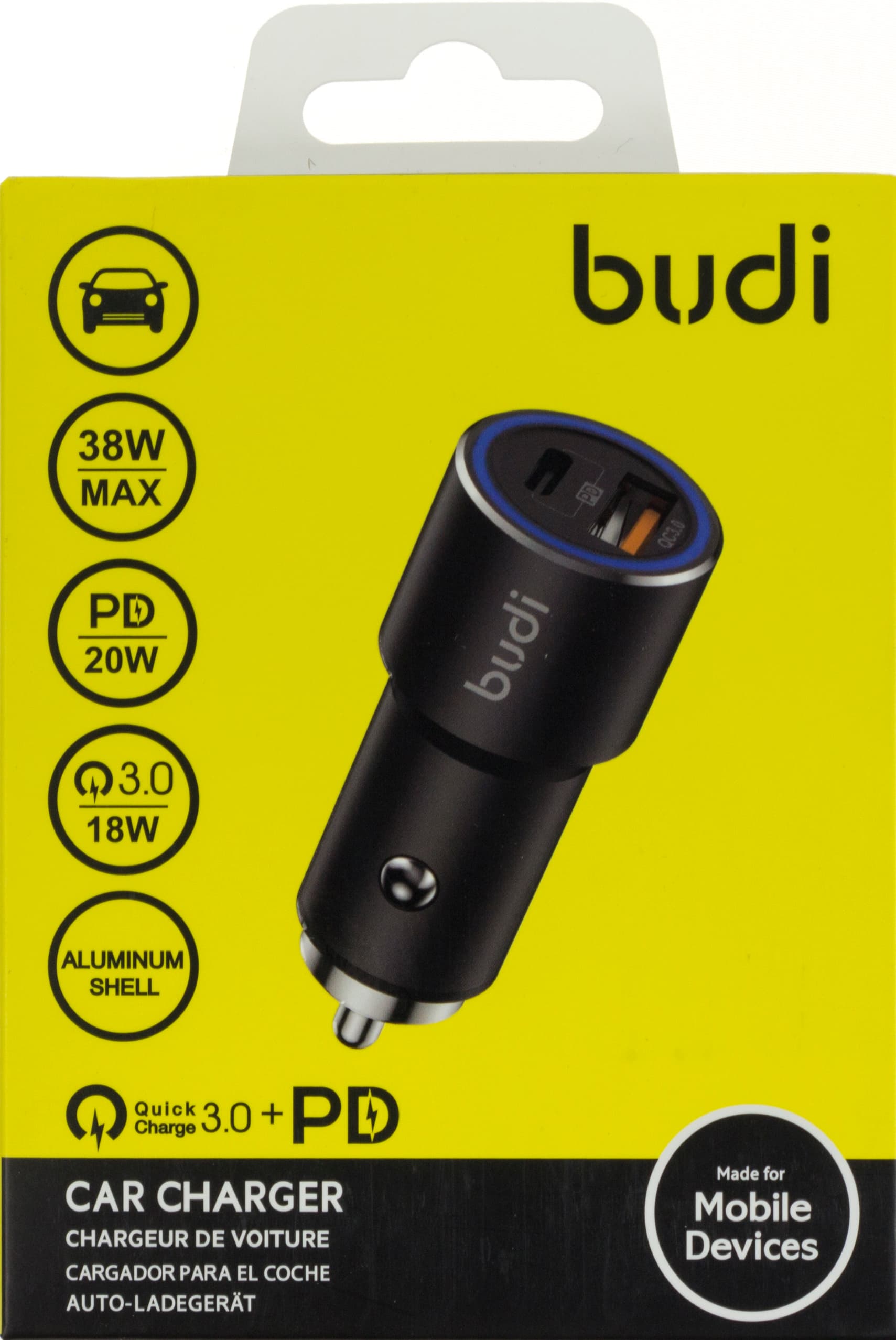 Зарядное устройство авто Budi №CC628TQB быстрая зарядка 1USB+Type-C 38W black/Breidon/