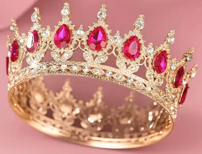 Корона метал. з піками,золото з камінням фуксія 12,5х5,5см №15451